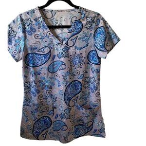 Paisley Print Womens V-Neck Scrub Top With Pockets 100% Cotton Short Sleeves Blu